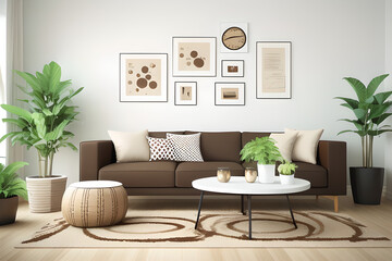 Modern living room interior with mock up poster frame, brown sofa, wooden coffee table, patterned rug, round clock, plants, beige ccurtain, desk and personal accessories. Home decor. Template.