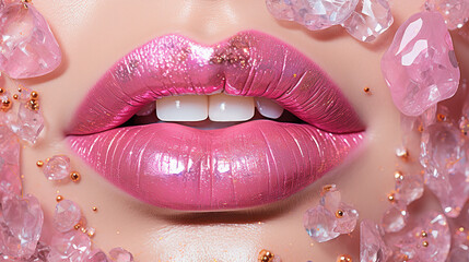 Beautiful pink glossy female lips with precious crystals on the face