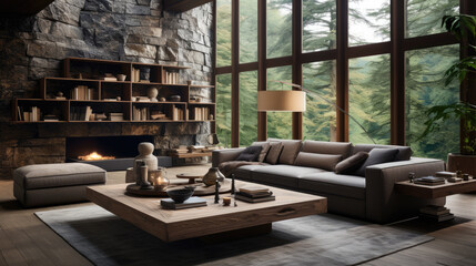 Generative ai illustration of light timber and stone finish Living room