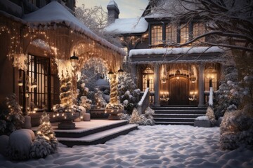 the enchanting beauty of a snow-covered garden adorned with glimmering holiday decorations, such as sparkling snowflake ornaments, and fairy lights wrapped around trees - obrazy, fototapety, plakaty