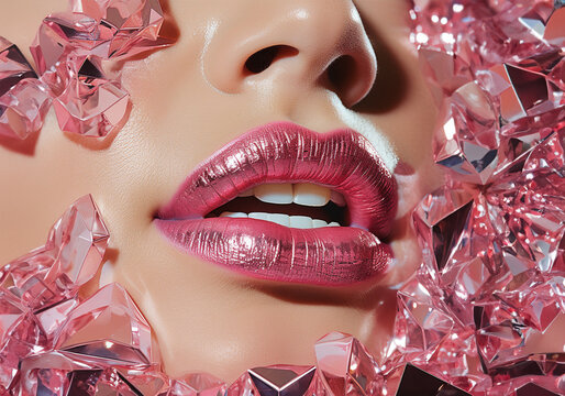 Fototapeta Beautiful pink glossy female lips with precious crystals on the face
