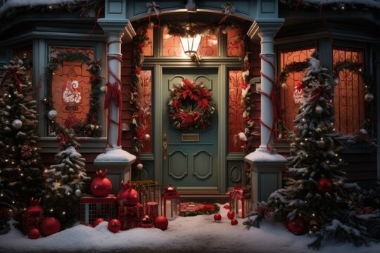 Traditional Houses Decorated With Christmas Garlands And Lights