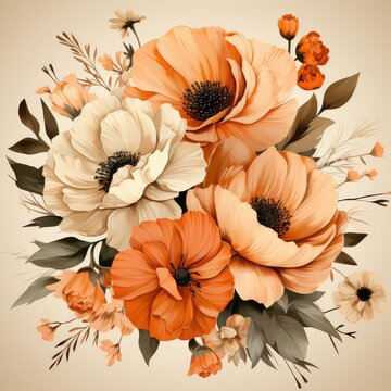 Bouquet of peonies of color copper terracotta. Wedding card in dark vintage color. Generative AI