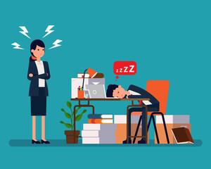 Tired office worker asleep and angry boss. Office worker life concept