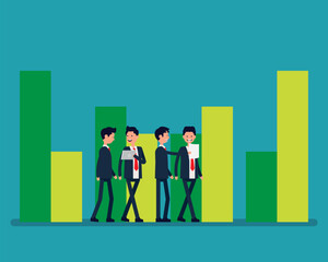 Team talking and a bar graph. The concept of Knowledge and Strategy planning