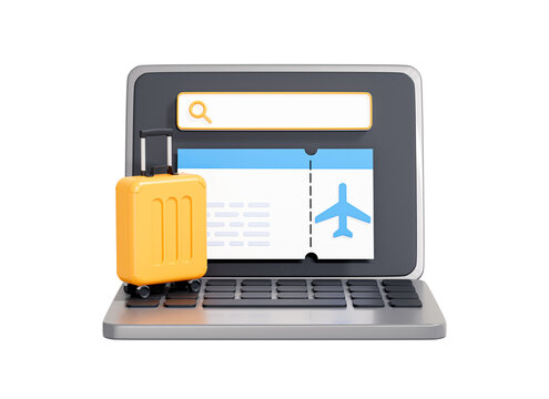 3D Online booking airline tickets. Computer laptop with suitcase and pass ticket. Business trip by plane. Planning travel concept. Cartoon creative design icon isolated. 3D Rendering