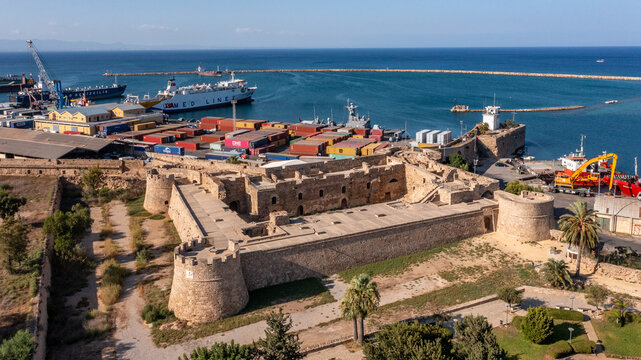 Famagusta, Northern Cyprus - Aerial view of Famagusta (Gazimagusa), View on the Famagusta Port from The Old town wall of Famagusta , Palm Beach, Othello castle