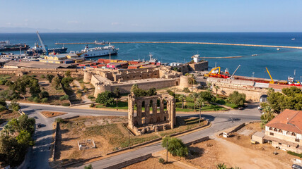 Famagusta, Northern Cyprus - Aerial view of Famagusta (Gazimagusa), View on the Famagusta Port from The Old town wall of Famagusta , Palm Beach, Othello castle