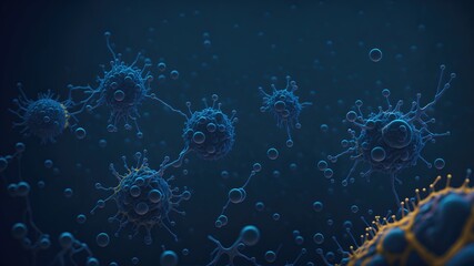 A close-up of a blue and yellow virus, with many small round objects surrounding it.