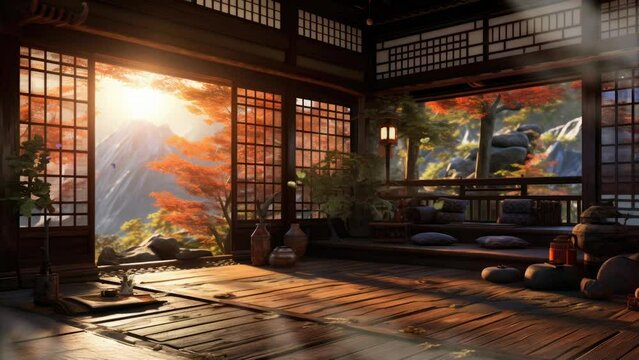 japanese tradional house with garden in the morning background with butterfly.  seamless looping time-lapse virtual video 4k animation background.