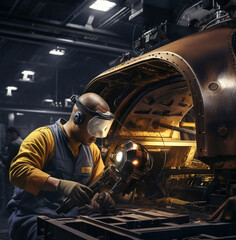 Two construction workers using a grinding machine in a steel factory, industrial machinery stock photos