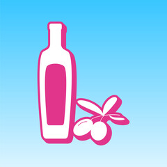 Black olives branch with olive oil bottle sign. Cerise pink with white Icon at picton blue background. Illustration.