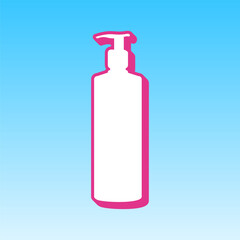 Gel, Foam, Liquid Soap. Dispenser Pump Plastic Bottle. Cerise pink with white Icon at picton blue background. Illustration.