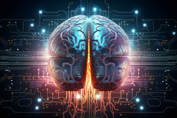 rovoking concept image of a human brain intertwined with circuitry, symbolizing the connection between artificial intelligence and human cognition