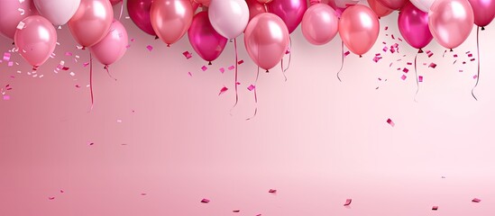 Birthday background with pink balloons confetti and streamers