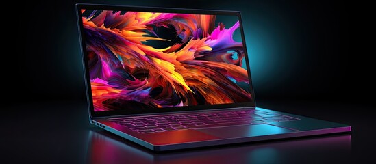 Tech laptop with bright screen on dark backdrop