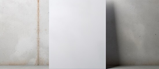Top view empty white rectangular poster mockup with shadow on light grey concrete wall