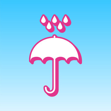 Umbrella with water drops. Cerise pink with white Icon at picton blue background. Illustration.