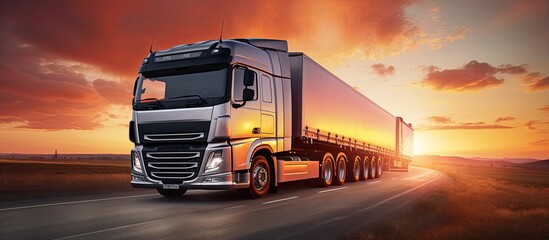 Truck carrying cargo with sunset background copy space - obrazy, fototapety, plakaty