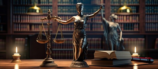 Lady Justice statue with scales of justice and judge gavel on wooden table - obrazy, fototapety, plakaty