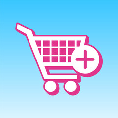 Shopping Cart with add Mark sign. Cerise pink with white Icon at picton blue background. Illustration.