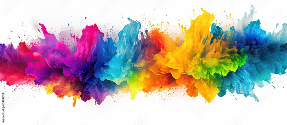 Poster isolated white background with colorful holi paint powder explosion frame border and copy space