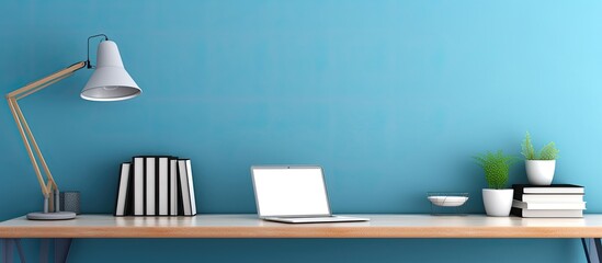 Blue wall in home office for mockup or copy space