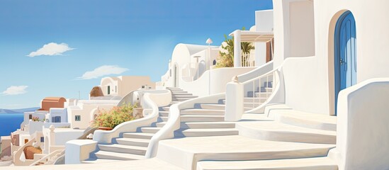 Stairs leading to terrace in Oia Santorini - obrazy, fototapety, plakaty