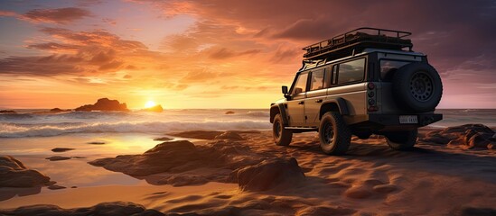Sunrise beach adventure with 4WD vehicle in the outback