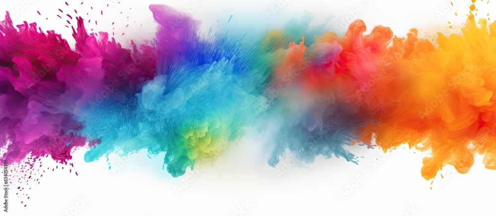 Poster isolated white background with colorful holi paint powder explosion frame border and copy space