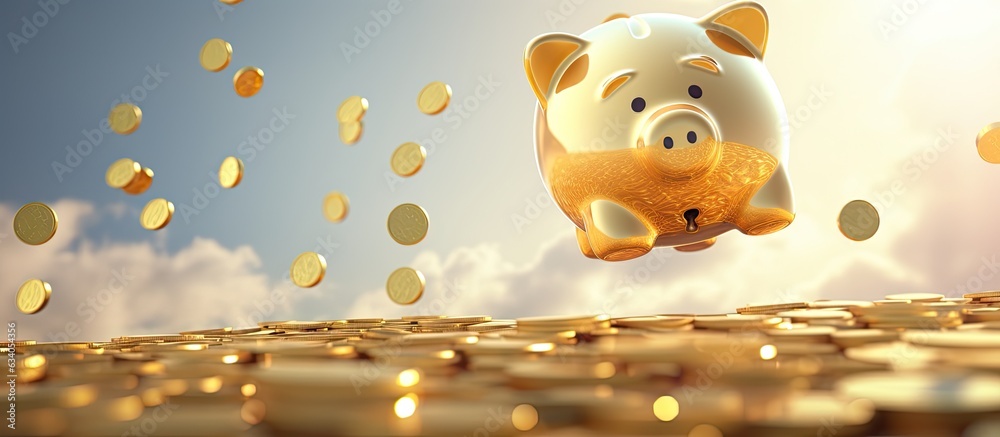 Poster coins flying and floating into piggy bank for financial saving concept 3d render