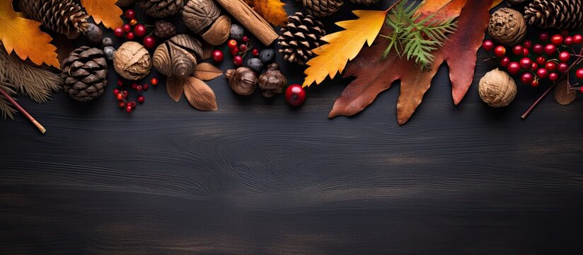 Overhead view of autumn elements on rustic banner background