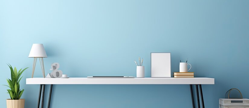 Blue wall in home office for mockup or copy space