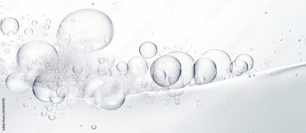 Poster foamy texture of a skincare cleanser with soap bubbles on a white background and empty space