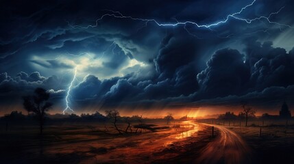 Dark stormy sky with lightning. Created using Generative AI technology.