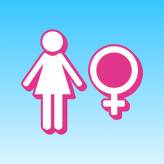 Female sign illustration. Cerise pink with white Icon at picton blue background. Illustration.