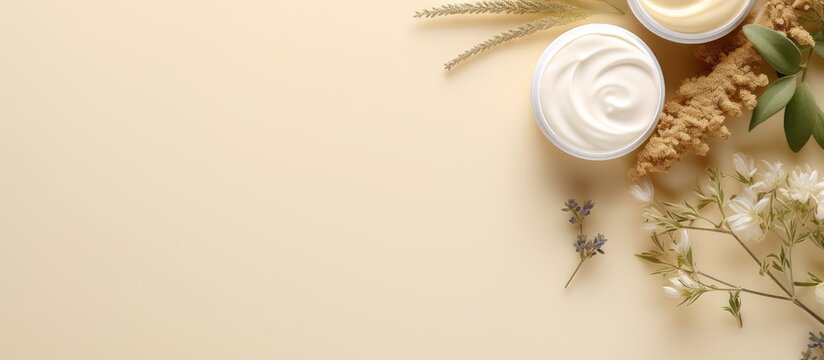 Top view of beige background with moisturizer creams dry meadow herbs and natural extract for sensitive skin