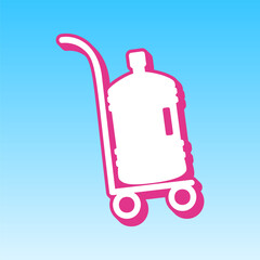 Big Plastic bottle of water on track. Cerise pink with white Icon at picton blue background. Illustration.