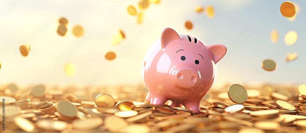 Poster coins flying and floating into piggy bank for financial saving concept 3d render