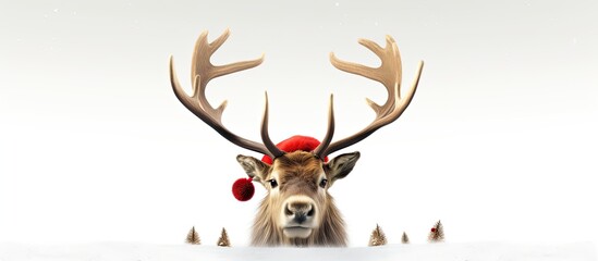 3D Illustration of reindeer with red nose and Santa hat against white backdrop