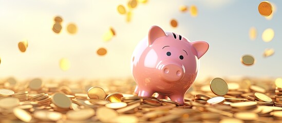Coins flying and floating into piggy bank for financial saving concept 3d render
