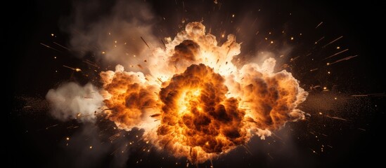 Realistic explosion of a bomb with fire sparks and smoke on a black background