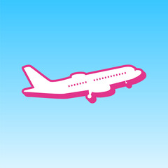 Flying Plane sign. Side view. Cerise pink with white Icon at picton blue background. Illustration.
