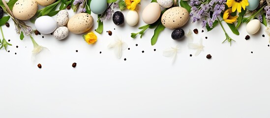 White background with spring flowers quail eggs and copy space Easter and springtime theme from top view g 2 2 1.png