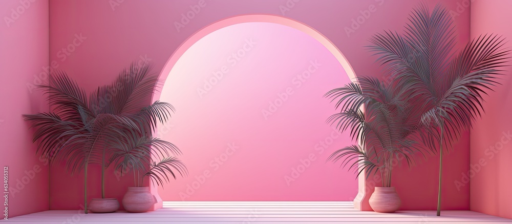 Leinwandbilder pink gradient studio background with window shadows and foliage empty 3d room for product presentati