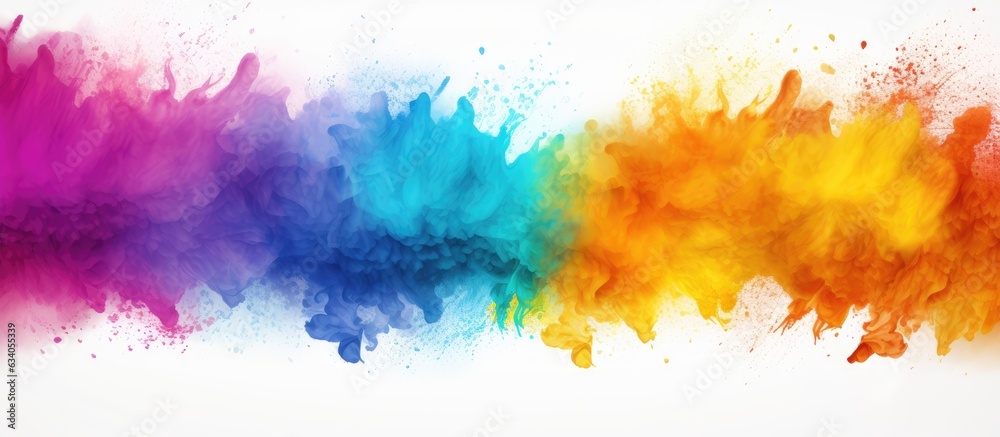 Poster isolated white background with colorful holi paint powder explosion frame border and copy space