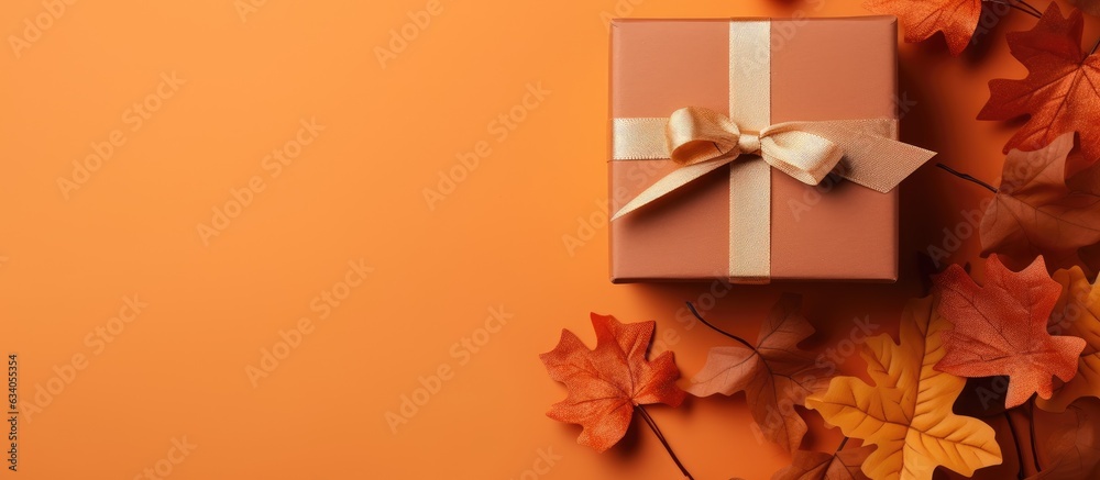 Poster top view of fall themed handmade paper gift box on orange background with copy space