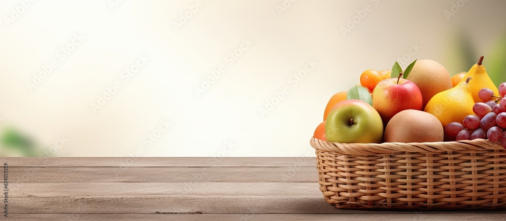 Poster Fruit filled wicker basket on table for writing