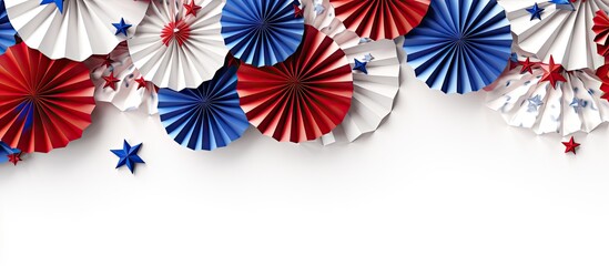 Top view of paper fans star confetti and blank space for text in a 4th of July party setup