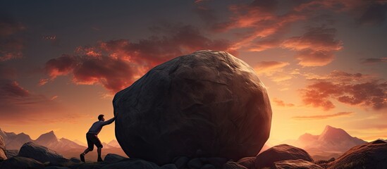 A young businessman pushing a large stone uphill during sunset representing difficult tasks problems and hard work mirroring the plight of Sisyphus